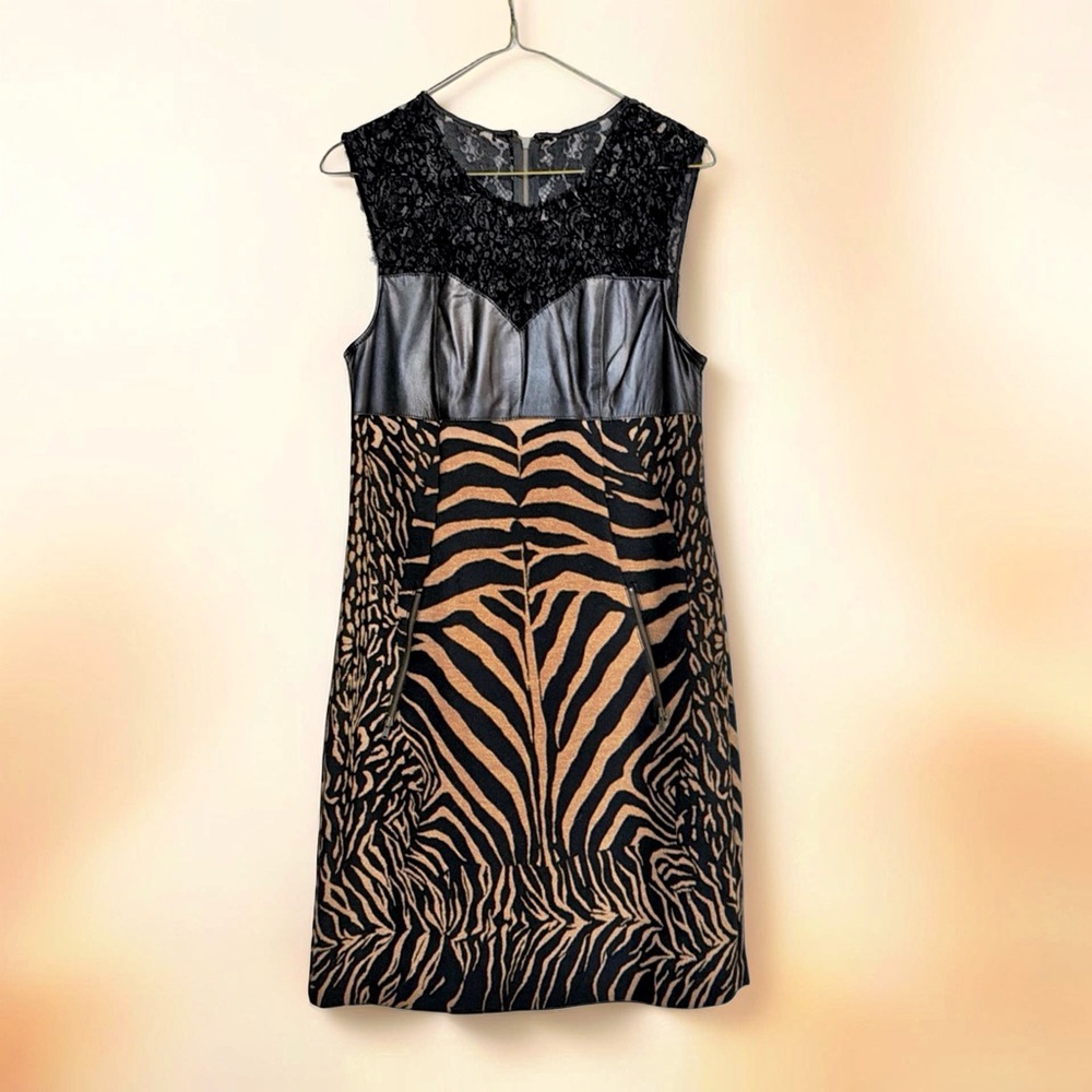 Tracy Reese Zebra Print Dress | Leather Lace Mixed Media | Statement Piece | 8 - Picture 15 of 16